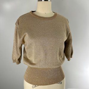 GLAM Cropped Vintage 80s Golden Shimmery Lurex Short Sleeve Pullover Sweater S/M